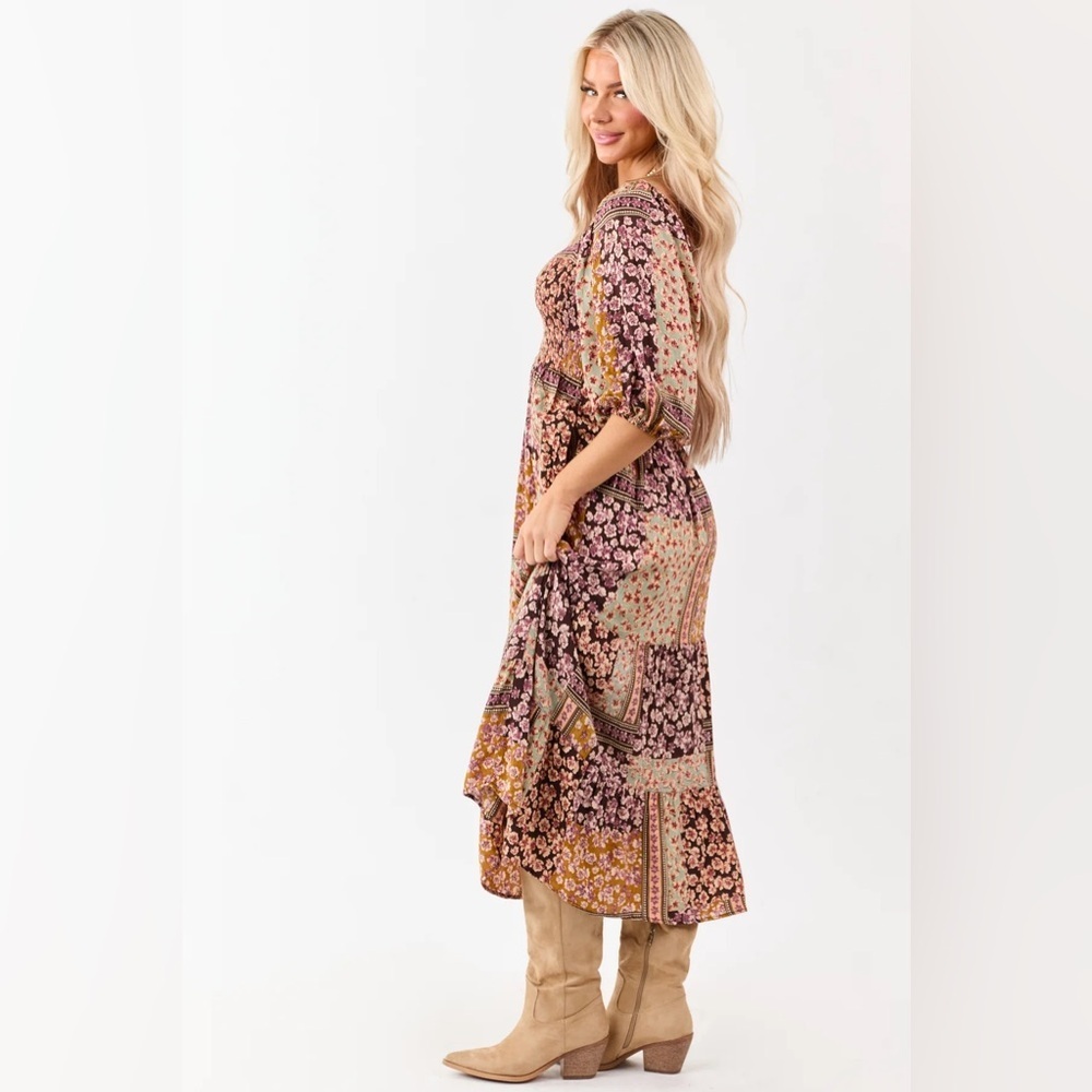 NWT Boho Mixed Floral Patchwork Print Smocked Balloon Sleeve Maxi Midi Dress - Picture 6 of 9
